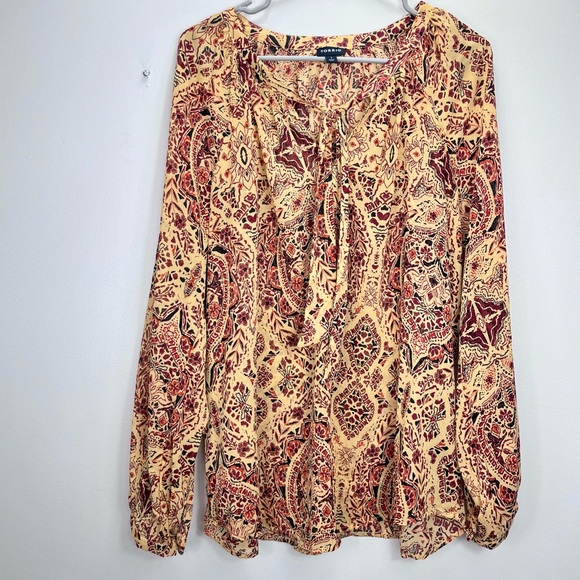 Torrid Gold Medallion Crinkle Chiffon Tie Front Long Sleeve Blouse Size 1X - Picture 6 of 12